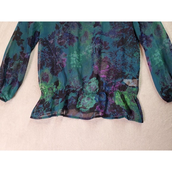Lily Rose Blouse Top Womens Size Small Teal Floral Sheer Long Sleeve Round Neck - Picture 3 of 9